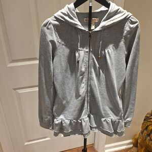 Women's Light Gray Ruffle Hem Zip Hoodie